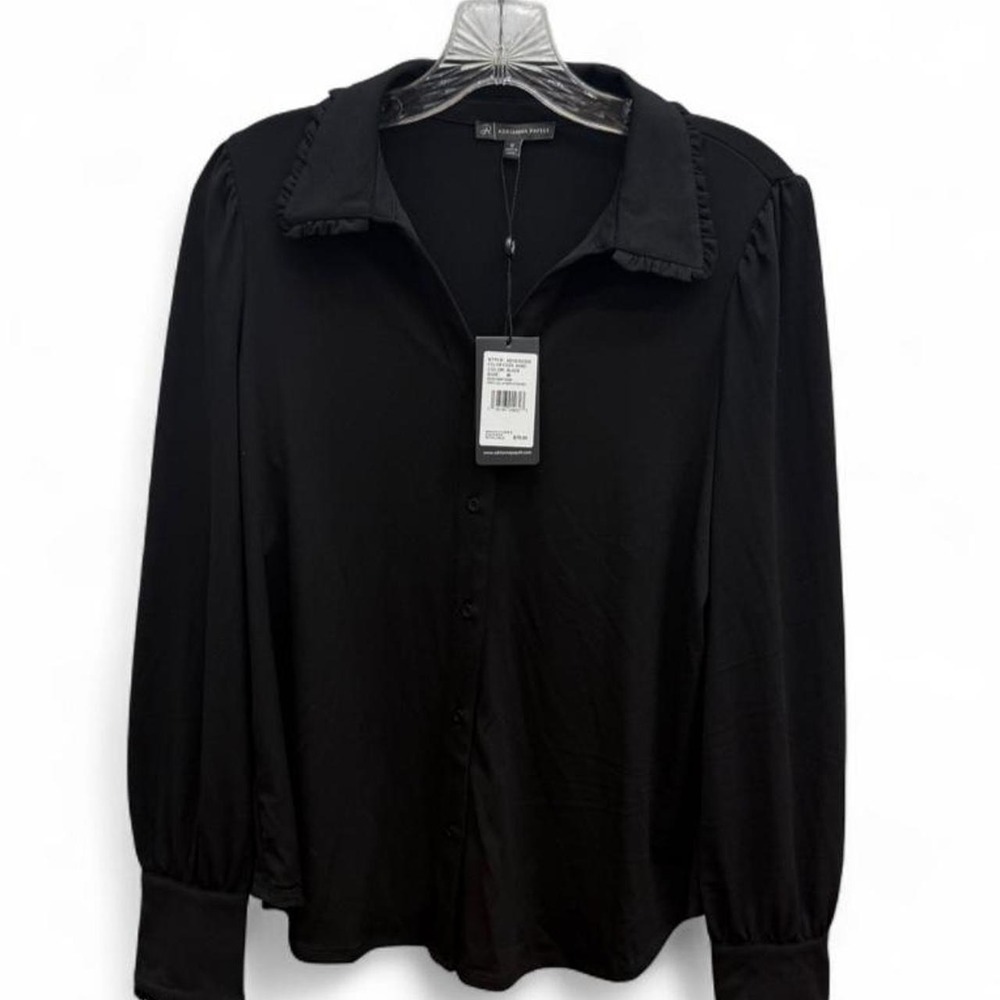 NWT Adrianna Papell Black Ruffle Collar Button Front Blouse Long Sleeve Medium